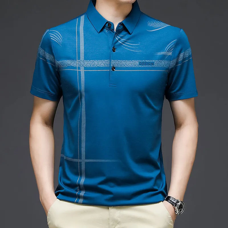 Men Fashion Casual Striped Print Lapel Short Sleeve Loose Polo Shirt