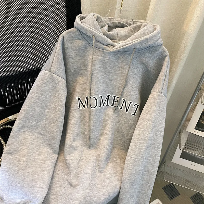 Autumn And Winter Women Loose Solid Color Thickened Letter Printed Long-Sleeved Hoodie Dress