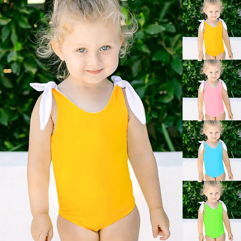 Children Kids Baby Fashion Girls Solid Color One Piece Swimsuit