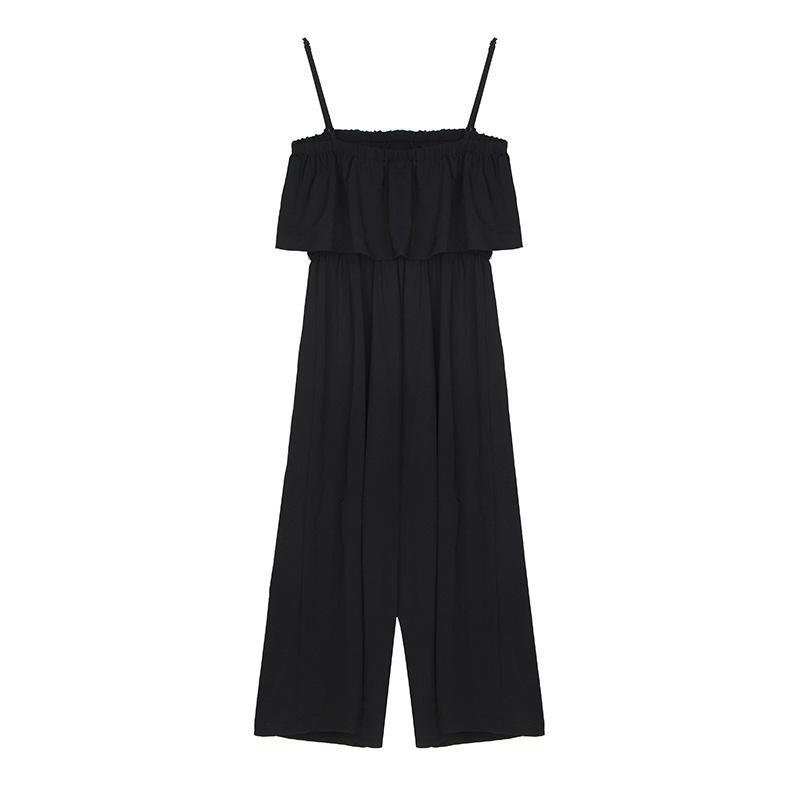 Women Solid Color Ruffle Sling Waist Casual Wide Leg Jumpsuit