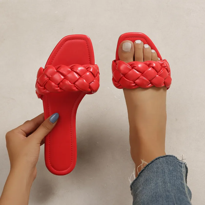 Women Plus Size Fashion Casual Large Strand Woven Flat Slippers