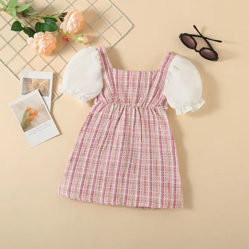 Toddler Girls Stripe Bow Pearl Puff Sleeve Dress