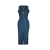 Women Casual Sleeveless Front Zipper Split Denim Midi Dress