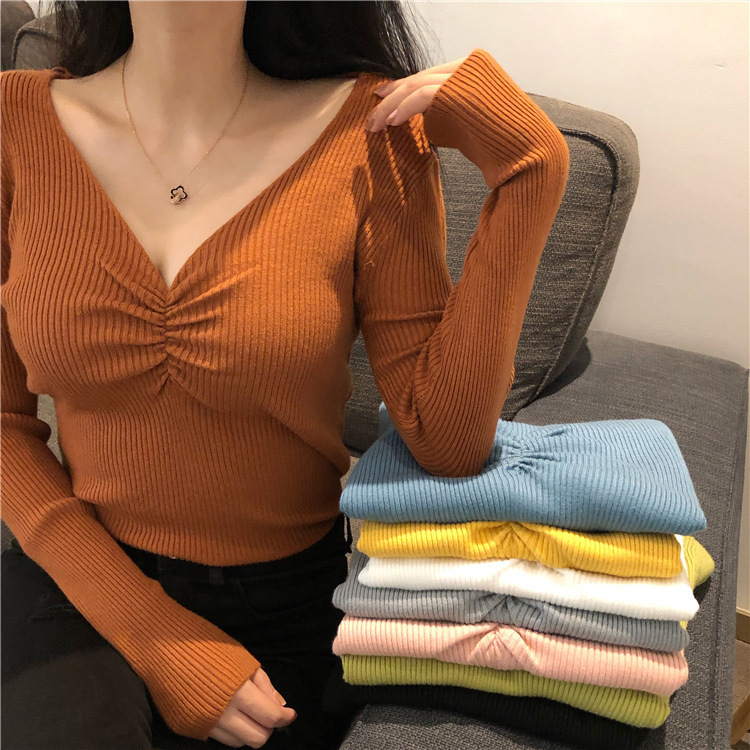 2 pieces Women Fashion Slim-Fit Sexy V-Neck Long Sleeve Knitted Base Shirt