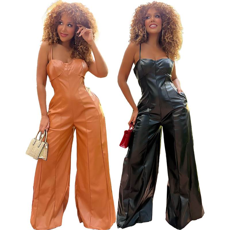 Women Solid Color Pu Sling Waist Casual Wide-Leg Jumpsuit