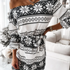 Winter Women Fashion Sexy Christmas Snowflake Elk Star Print Slant Shoulder Long Sleeve Dress