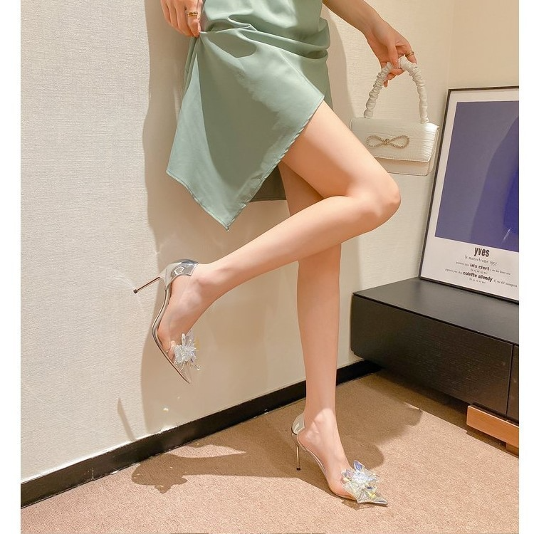 Women Fashion Sexy Transparent Pointed Toe Rhinestone Stiletto Pumps