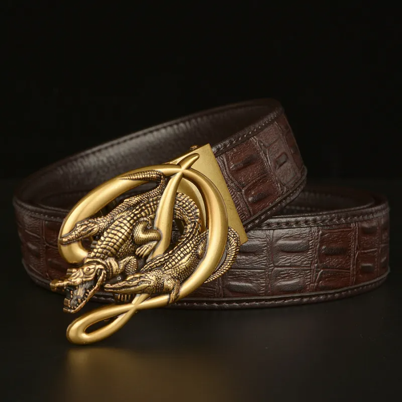 Men Fashion Casual Business Solid Color Leather Metal Buckle Crocodile Belt