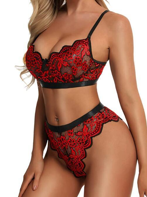 Women Sexy High Elastic Mesh See-Through Fashion Lace Patchwork Bra And Panty Lingerie Set