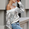 Sweet Off-Shoulder Design Women Long-Sleeve Sequin Decor Zipper Jacket