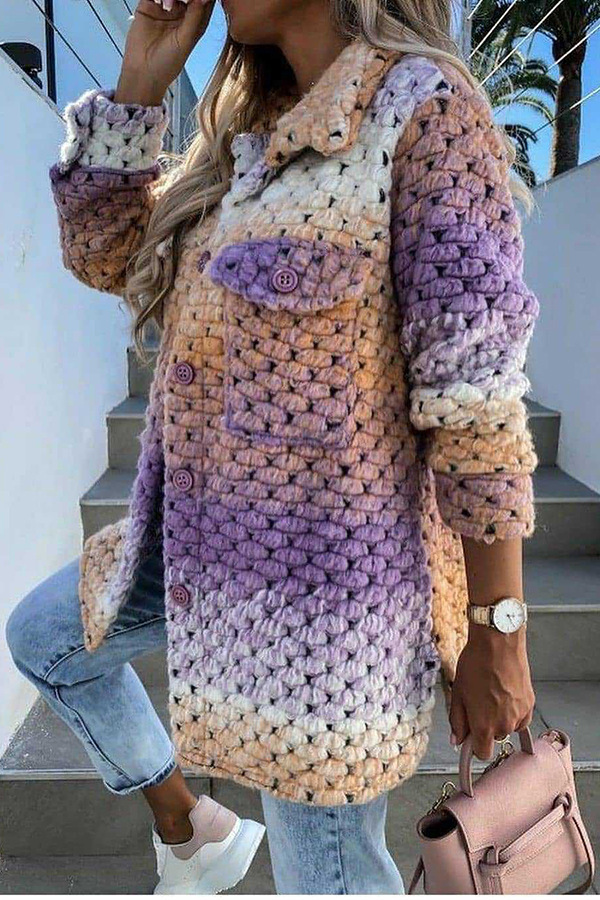 Women Winter Fashion Rainbow Color Long Sleeve Hollow Knitted Jacket Topcoat