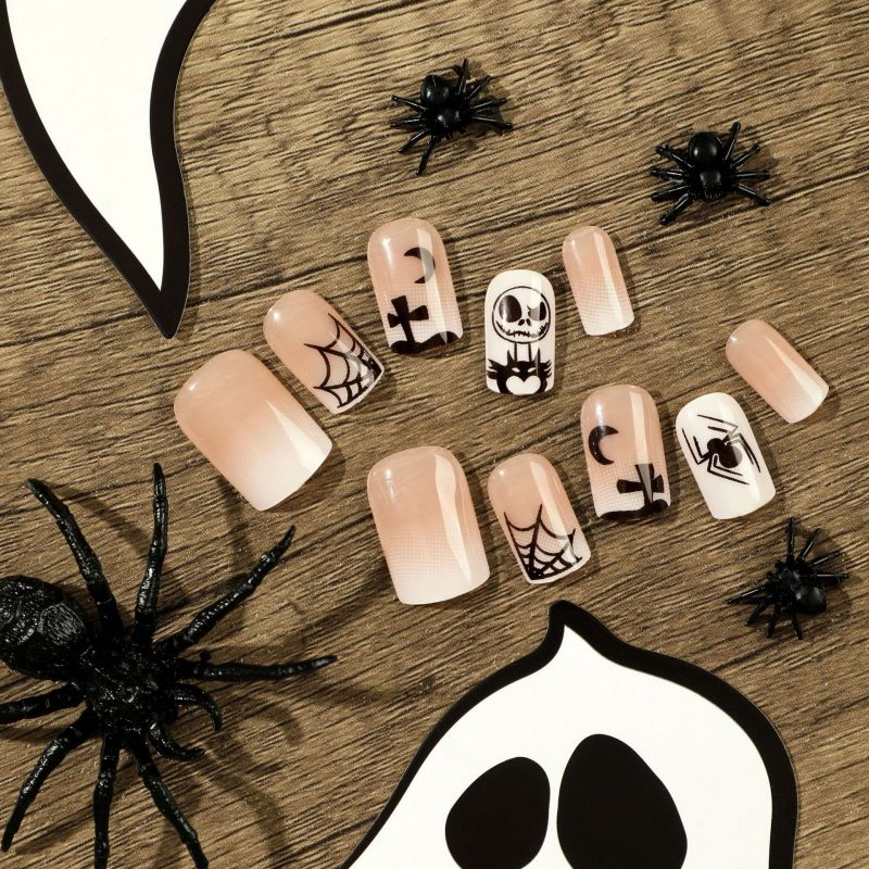 ( Buy 1 Get 2 ) Women Fashion Halloween Cobweb Skull Grimace Wearable False Nails