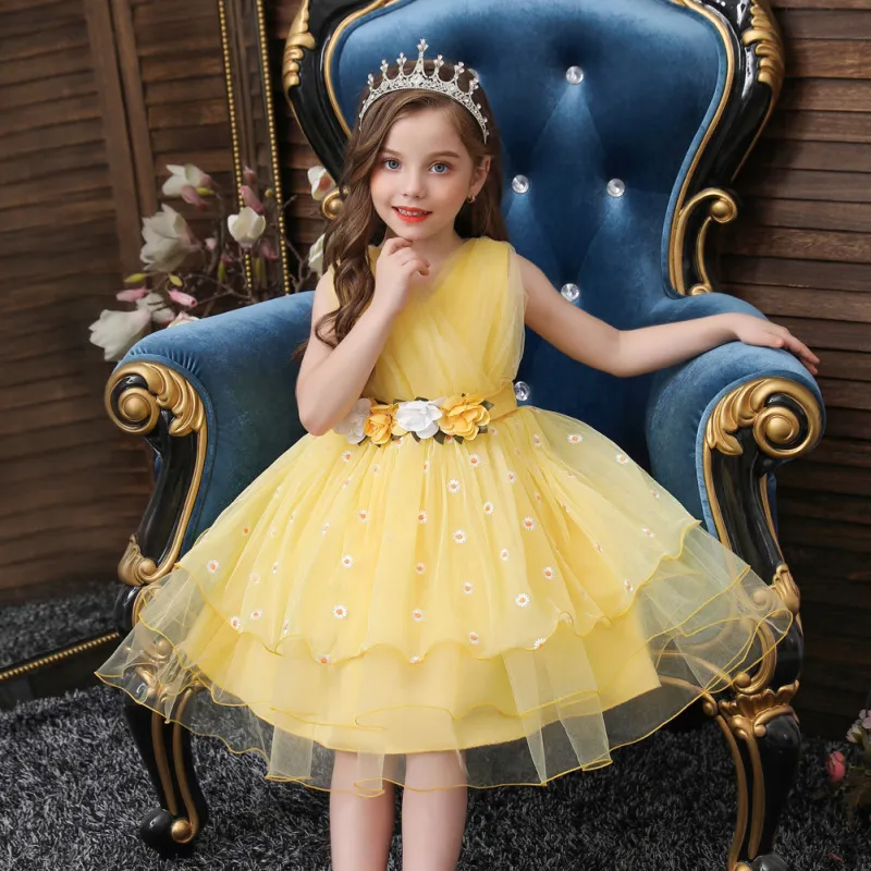 Kids Toddler Big Girls Fashion Party Cute Sweet Floral Solid Color Pleated Sleeveless Mesh Party Tutu Dress