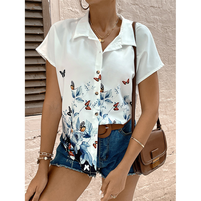 Women Casaul Summer Butterflt Floral Printed Loose Short Sleeve Shirt Blouse