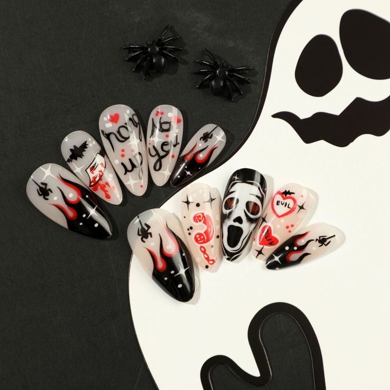 ( Buy 1 Get 2 ) Women Fashion Halloween Black Flame Spider Red Love Skull Wearable False Nails