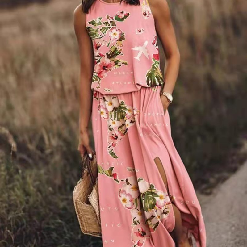 Women Fashion Vintage Casual Floral Printing Sleeveless Slit Loose Dress