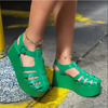 Women Fashion Plus Size Solid Color Hollow Round Toe Woven Buckle Strap Thick-Soled Sandals