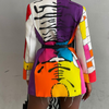 Women Fashion Color Blocking Graphic Print Button Long Sleeve Blazer