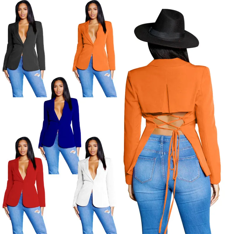 Women Fashion Sexy V-Neck Long Sleeve Solid Color Blazer Jacket