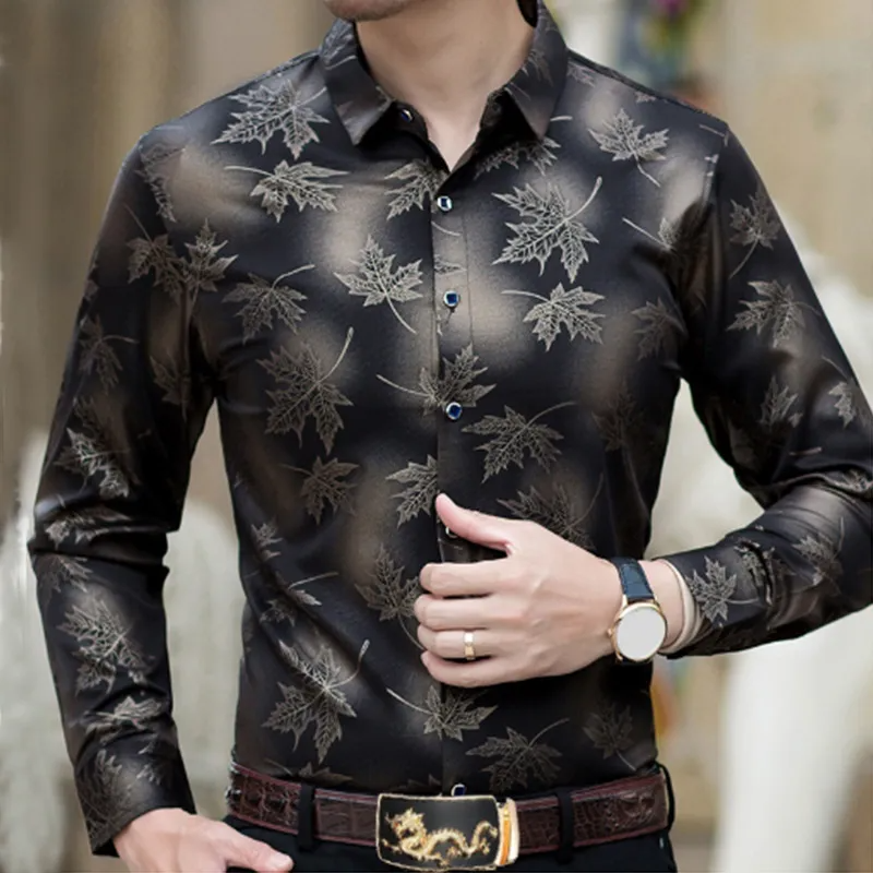 Men Fashion Casual 3D Maple Leaf Print Long Sleeve Lapel Shirt