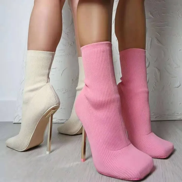 Women Sexy Solid Color Square Toe Stiletto Heels Knit Elastic Upper Mid-Calf Boots