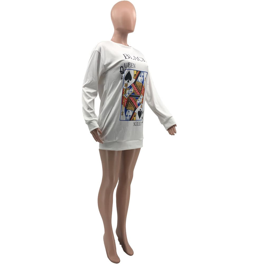 Women Casual Poker Printing Long Sleeve Dress