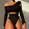 Women Fashion Sexy Cut Out Long Sleeve Irregular Solid Bodysuits