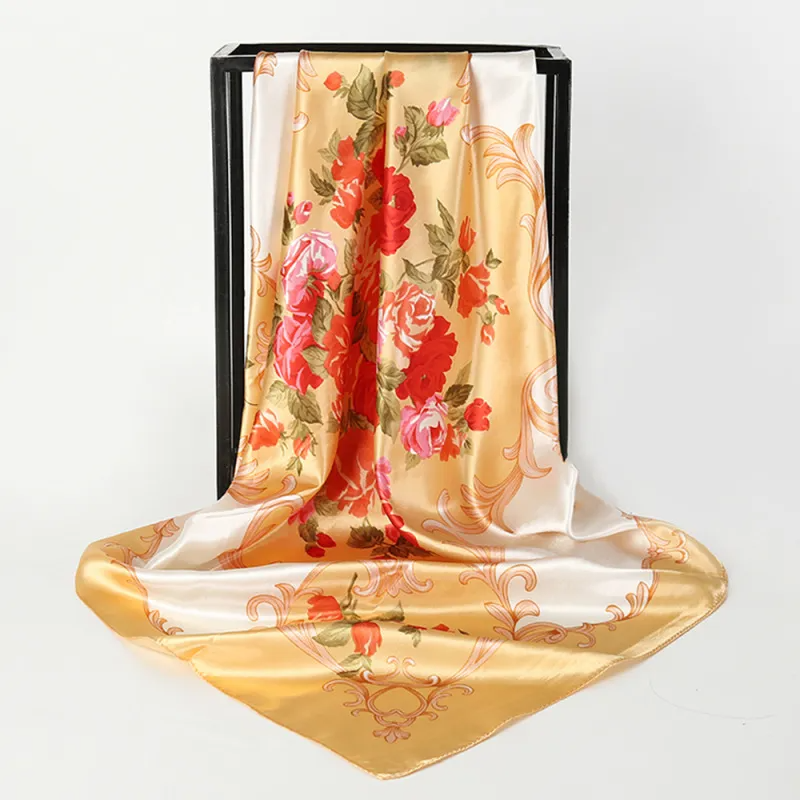 (Buy 1 Get 2) 90*90Cm Women'S Simple Fashion Floral Print Imitation Silk Scarf