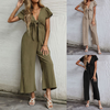 Women Solid Color Sexy V-Neck Nine-Point Wide-Leg Jumpsuit