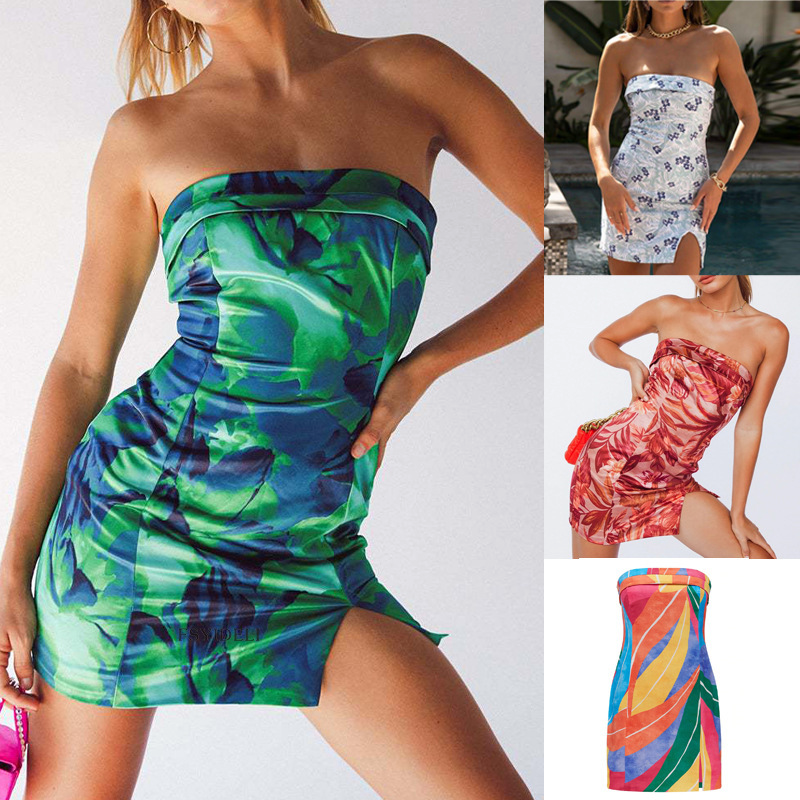 Women Fashion Sexy Tie-Dye Flanging Irregular Slit Mini Floral Dress