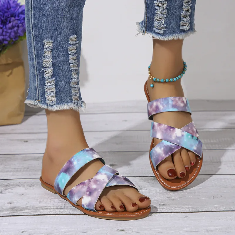 Women Fashion Casual Plus Size Graffiti Printed Cross Belt Round Toe Flat PU Slippers