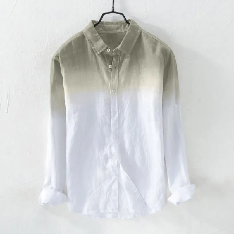 Summer Men Breathable Lapel Collar Hanging Dyed Gradient Color Cotton Long Sleeve Shirt