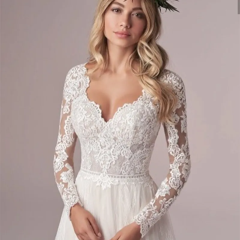 Women Elegant Long Sleeve Floor Length Lace Wedding Dress