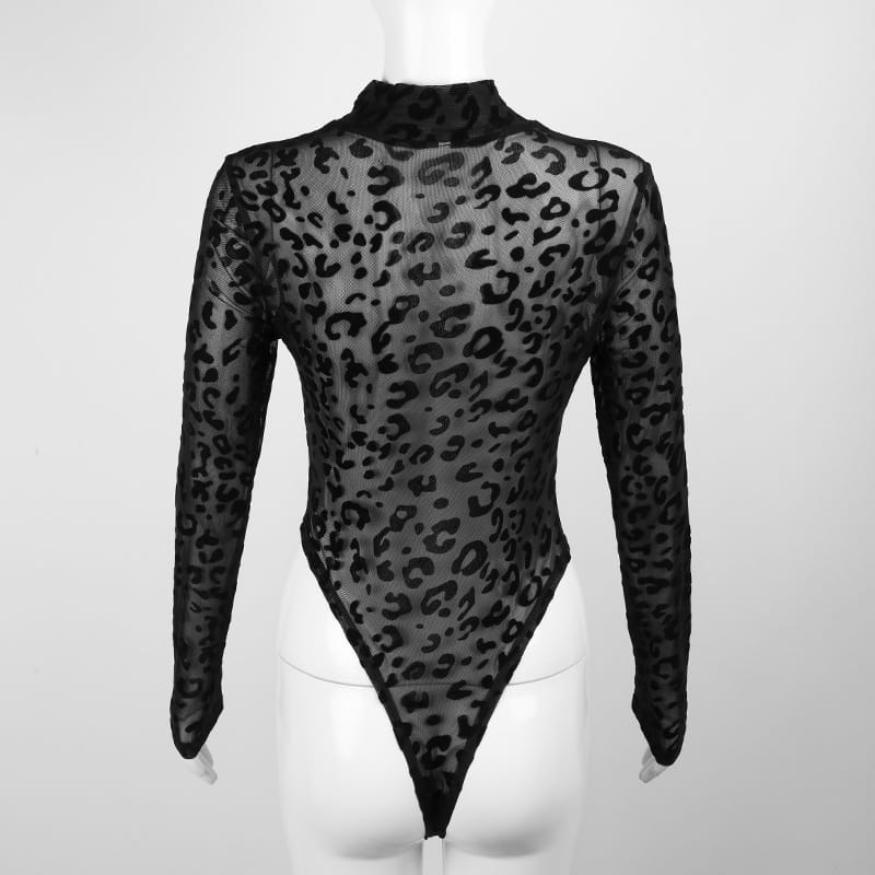 Women Sexy Leopard Mesh Patchwork See-Through Bodysuit