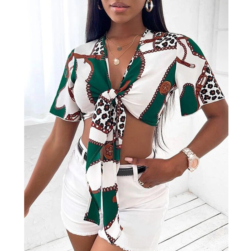 Women'S Sexy Digital Printing Short Sleeve Cropped Blouse