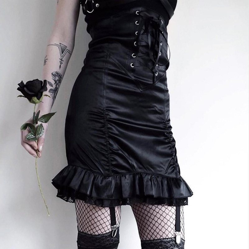 Women Fashion Gothic Punk Bandage Wrinkled Lace High Waist Skirt