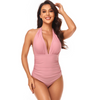 Women Simple Solid Color Shirring Halter Neck One-Piece Swimwear