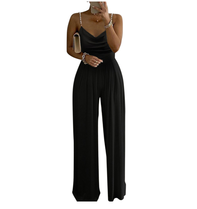 Women Print Sleeveless Top Pearl Sling Wide Leg Jumpsuit