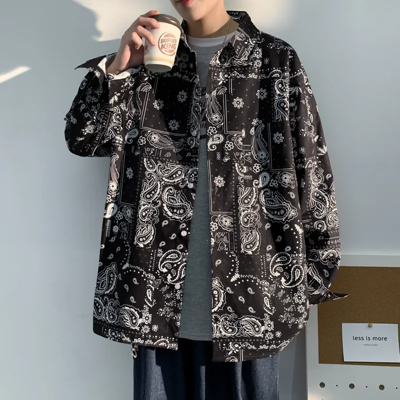 Men Vintage Long Sleeve Lapel Single-Breasted Paisley Printed Loose Shirt