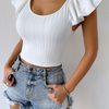 Petal Sleeve Fashion Solid Color Women Round Neck Basic Rib-Knit Top