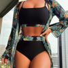 Women Summer Vacation Sexy Leaf Floral Printed Swimsuit Three-Piece Set