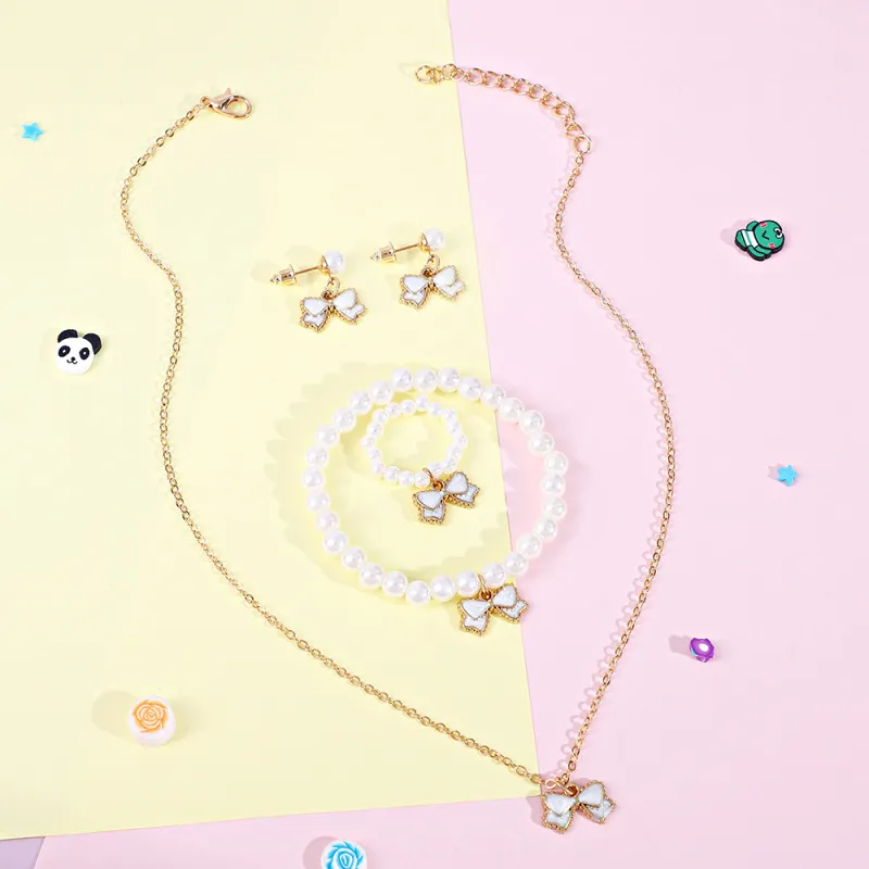 (Buy 1 Get 2) Children Kids Baby Fashion Girls Pearl Cute Alloy Drip Oil Bow Knot Necklace Bracelet Ring Earrings