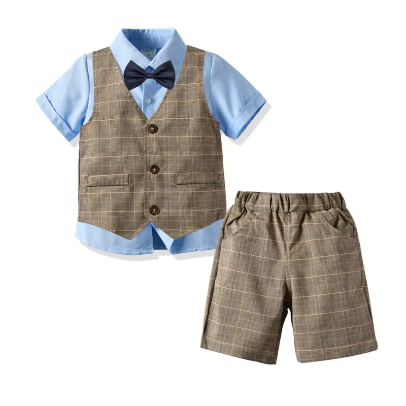 Kids Toddler Big Boys Summer Fashion Casual British Style Bow Waistcoat Shirt Shorts Party Clothing Set