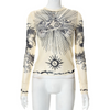 Women'S Fashion Round Neck Long Sleeve Printed Sheer Top