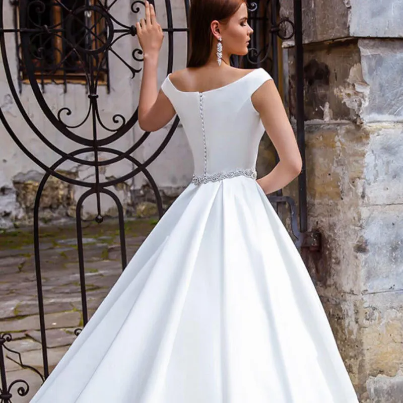 Women Elegant Solid Color Short Sleeves Off-The-Shoulder Satin Sweep Length Wedding Evening Dress