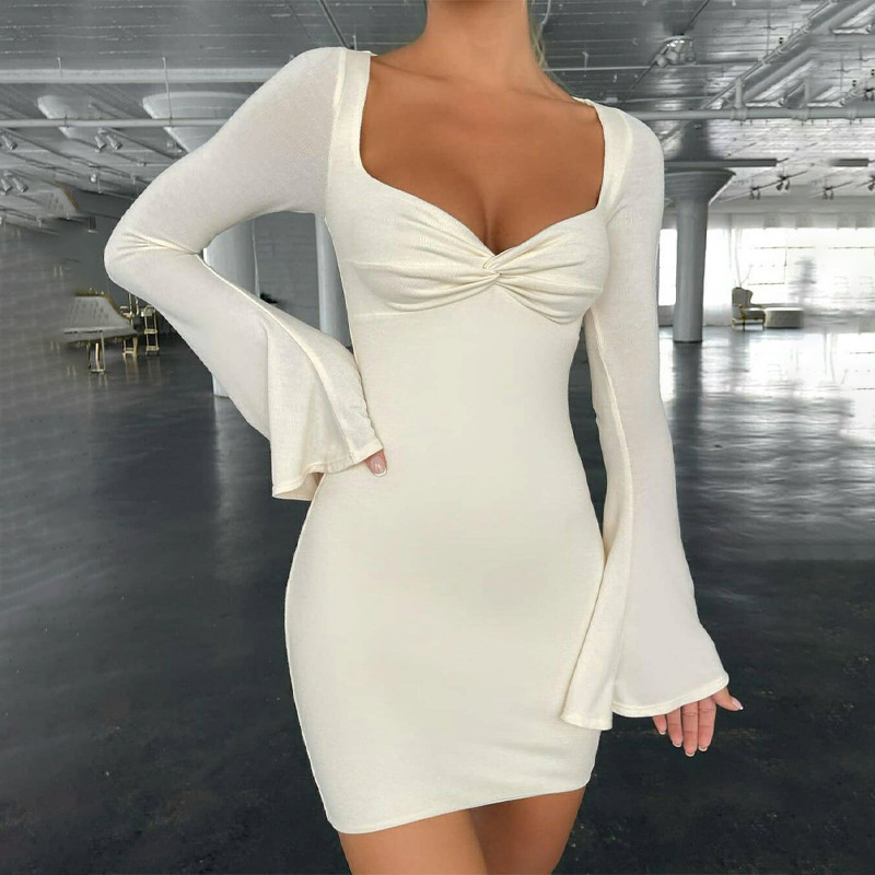 Women Fashion Sexy Solid Color Flared Long Sleeve Tight Dress