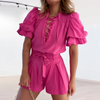 Women Sweet Dating Solid Color Puff Sleeve Lace-Uo Bandage Blouse And Shorts Set