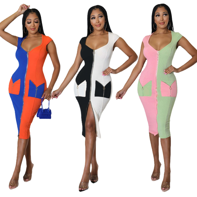 Women Fashion Sexy V Neck Color Blocking Slim Zipper Cardigan Sleeveless Dress