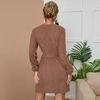 Women Autumn Elegant Office Work Round Neck Long Sleeve Solid Color Knitted Bandage Dress