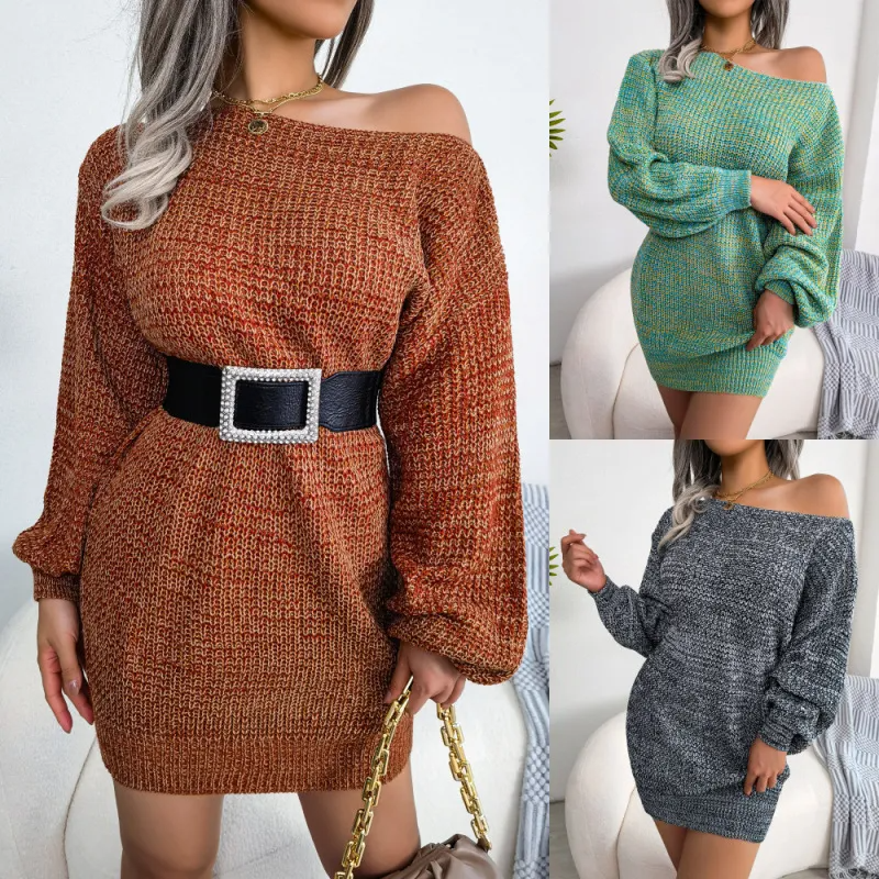 Autumn Winter Women Fashion Casual Boat Neck Shoulder Multicolor Lantern Sleeve Knitted Dress
